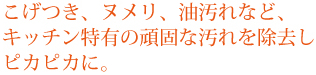 こげつき、ヌメリ、油汚れなど、キッチン特有の頑固な汚れを除去しピカピカに。